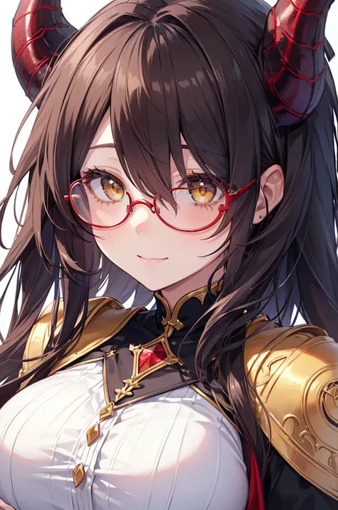 Masterpiece, ((1 girl)), ((Best Quality)), (Ultra-detailed), Highly detailed, (Portrait), ((Big breasts)), ((Hair Over Eyes, Long Hair, Dark Brown hair, Yellow eyes, Black Dragon Horns, Perfect Round Glasses)), ((30-years-old, Mature women)), ((White Skin)...