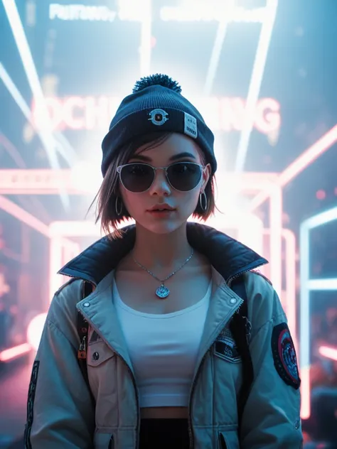 Face close up, alternative girl, watching over black sunglasses, jacket, necklace, neon light reflections on skin, ear ring, makeup, skin imperfection, short hair, beanie, neon lights background, low light, depth of field, highly detailed, high contrast, f...