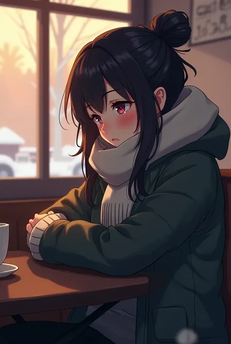 1girl, masterpiece, best quality, trans girl, crying softly, sitting on chair, at a coffee shop, winter clothes, scarf, anime style, tall body, curvy body