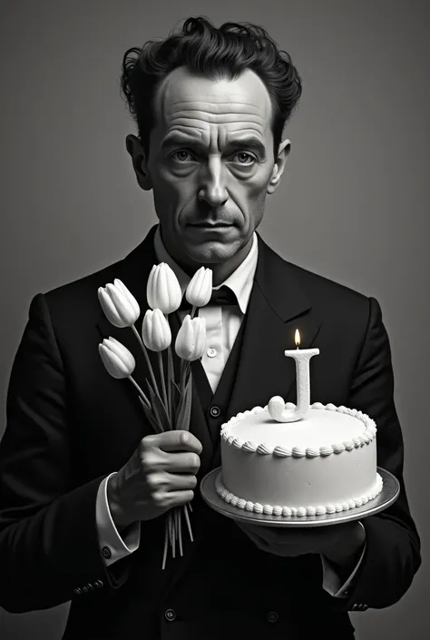 A picture of Albert Camus holding a bouquet of white tulips and a birthday cake with the letter J on it. Make the picture realistic and old in black and white. 