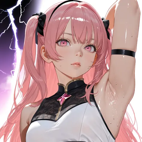 (Best Masterpiece, HDR, 2k, High Quality) 1 girl, pink hair, long hair, pink eyes, cute girl, kawaii girl (Armpits, Showing Armpits, Detailed Armpits, Shiny Armpits, More Detailed Armpits, Armpits Crease, Perfect Armpits, Zoom In Armpits, Side Armpits, swe...