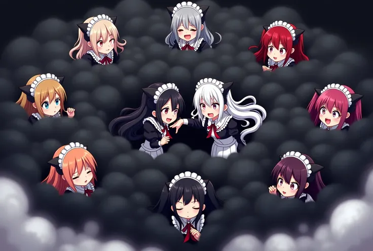 An anime-style art depicting many vampire-maids playfully wrestling with each other inside a black comical fight cloud.
each maid has different  colored hair.
their faces,hands,and feet are visible emerging from the cloud as they tussle humorously,  with t...