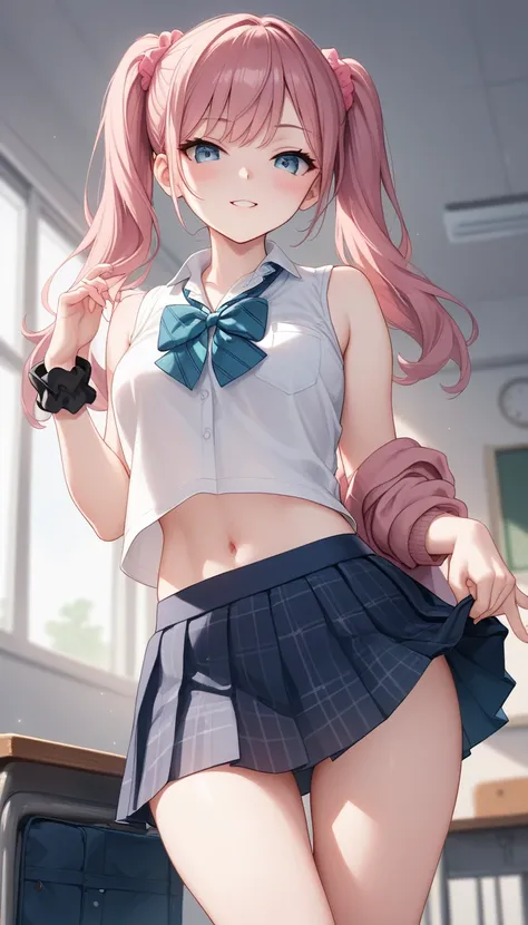 adorable girl, scrunchie,twintails,  , , school uniform,blush, (cheek, sexy, seduce:0.9), (grin:0.6), sleeveless, , (looking down at viewer:1),thigh, navel