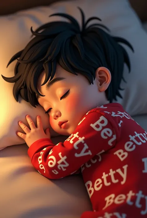 Pixar boy sleeping face down black hair in red pajamas with the name Betty in all his pajamas with the muada with the name Betty 