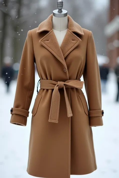 A versatile winter coat in a neutral tone like camel, elegantly styled on a mannequin in a snowy outdoor setting. The coat is woolen, long, and cinched at the waist with a belt, exuding warmth and sophistication.