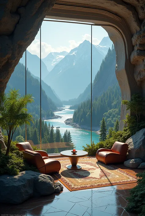 Gaming room with romm full of glass in the mountain and it has windows. Windows view green trees and river. I want inside view and 
no  person inside it