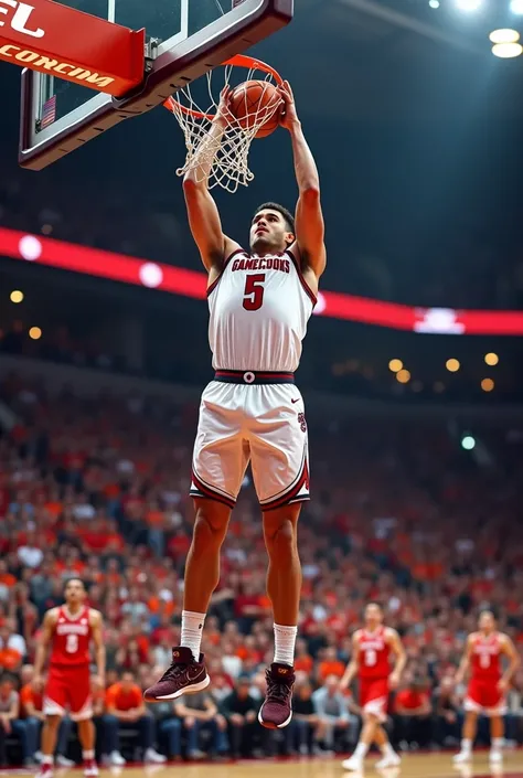 A white man in a South Carolina Gamecocks basketball uniform as hes slam dunking vs the Clemson Tigers