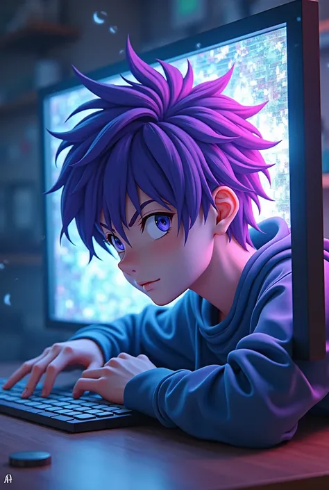 Teenage purple hair anime boy coming out of computer screen  