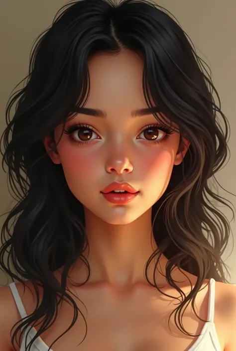  Little woman ,  Black hair,  pretty face ,  realistic , light brown,  medium lips ,  slightly large eyes, latina, pretty nose , brown eyes