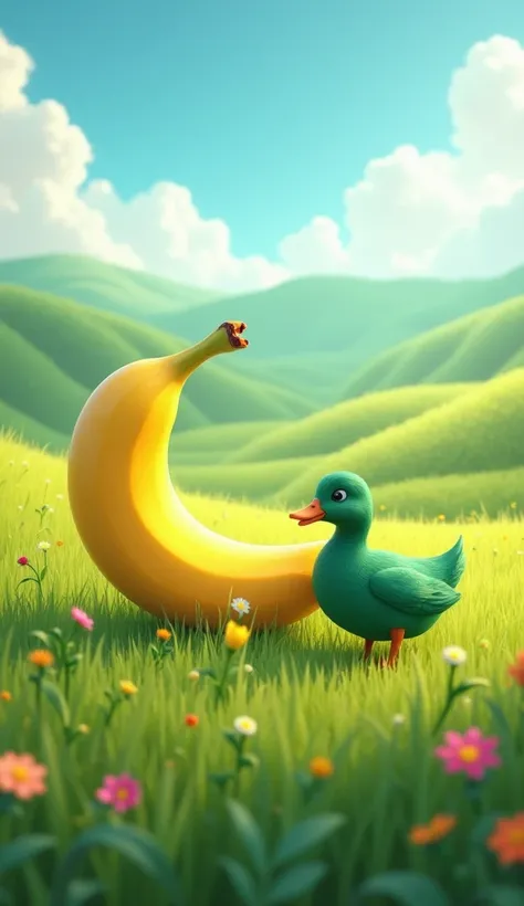 A duck and a banana in the field 