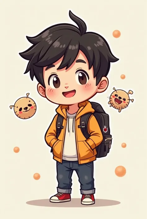 cartoon character of a boy with a backpack and a bunch of stickers, concept art by Tan Ting-pho, tumblr, digital art, telegram sticker design, sticker illustration, telegram sticker, official fanart, sticker design, ruan cute vtuber, tim, official fan art,...