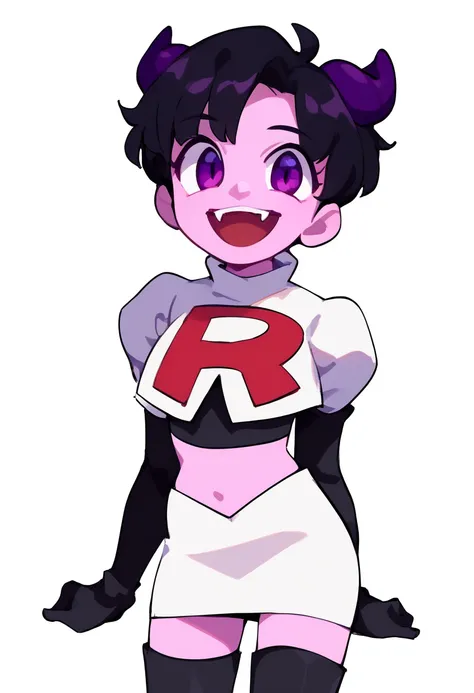 jellybean_yt, solo, looking at viewer, smile, short hair, open mouth, black hair, 1girl, white background, purple eyes, female focus, horns, teeth, colored skin, fangs, team rocket,team rocket uniform,white skirt,red letter R,crop top,black thigh-highs,bla...