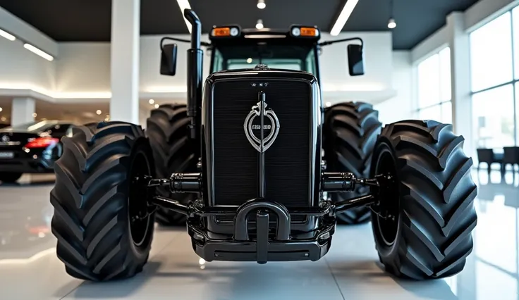 Close front view of painted black with shiny clour Classic 1975 Ford 8600 tractor sleek in large shape tractor in large size with beetle logo on its large detailed grille in shiny white clour with angular sporty design captured from close front view with m...