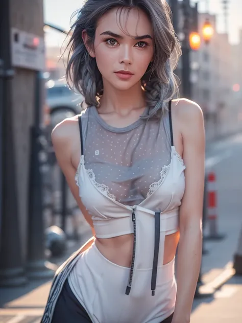 gorgeous cute Austrian girl, (casual crop top), Steel gray hair loose braided hair, printed shirt, oversized gym pants, both hands are in walking style,in background the street light pole, backstreet, (city), hip-hop, ,  perfectly symmetrical face, detaile...