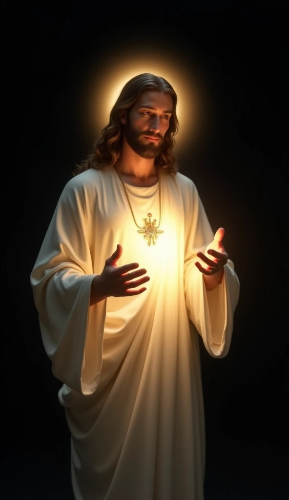 The image presents a glowing and divine portrayal of Lord Jesus Christ against a pitch-black background, emphasizing his sacred and ethereal presence. Jesus is depicted with a serene and compassionate expression, radiating peace and love. His figure is ill...