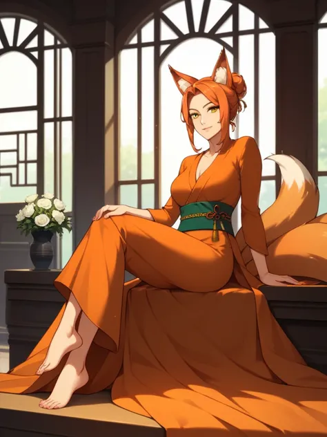 good lighting, masterpiece, good quality, beautiful, 1girl, solo, (chaste:1.1), orange hair in a bun, yellow eyes, narrow eyes, crows feet eyes, mature, nine-tailed Kitsune, kemonomimi, nine tails, fox ears, slender figure, smirking, sitting, posing, elega...