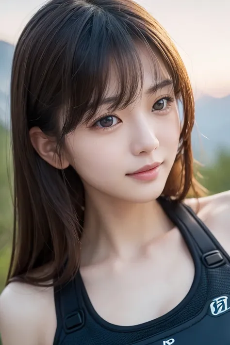    photos of attractive Japanese women sticking out,  one girl playing pranks,  perfect body ,  super detailed faces on a mountain road at night, Detailed lips,  beautiful eyes,  double eyelid, (Rashguard Swimwear), ( wetsuit ),  light brown hair,  Invalid...