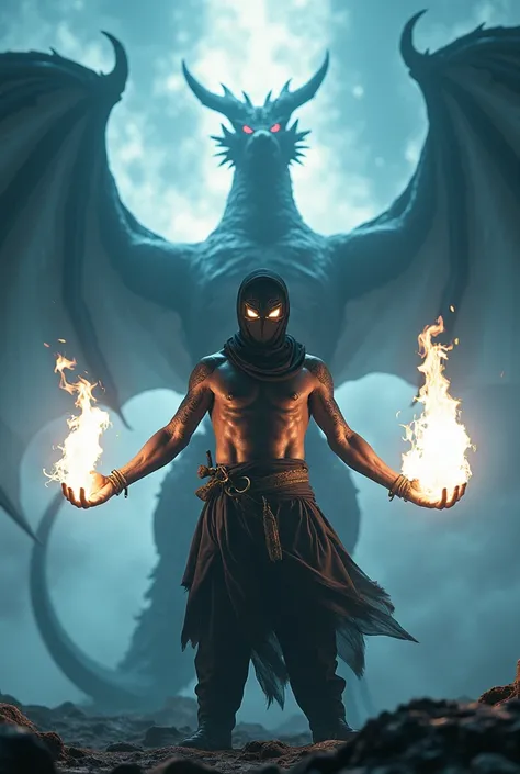 waring ninja mask and naked and down girl holding two  white color fire sky flame , eyes white color fire effect ,darkness white background ,girl behind big white dragon,full body