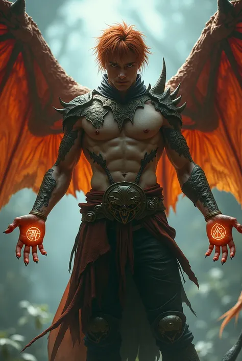  Man with dragon claws and dragon wings,  with two runes on his hands , slightly scraggy reddish hair .