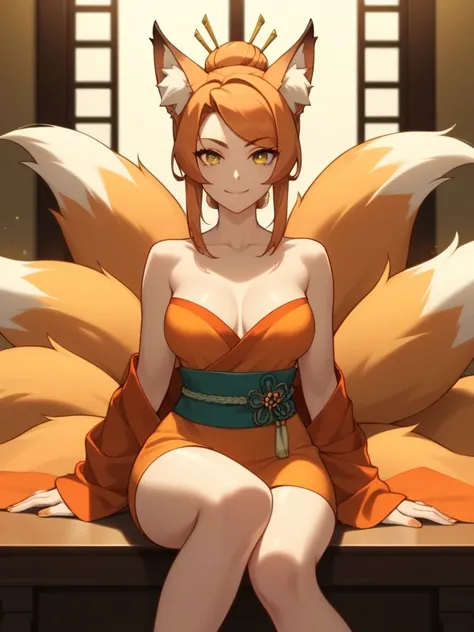 good lighting, masterpiece, good quality, beautiful, 1girl, solo, (chaste:1.1), orange hair in a bun, yellow eyes, narrow eyes, older woman, mature, nine-tailed Kitsune, kemonomimi, nine tails, fox ears, slender figure, smirking, sitting, posing, elegant, ...