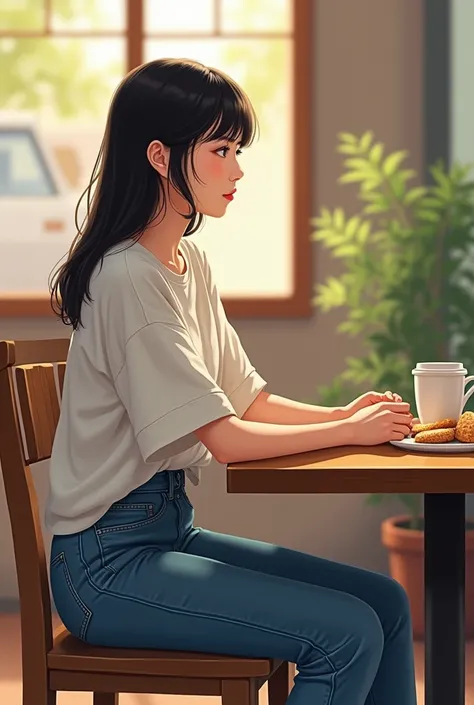 A beautiful Japanese woman in profile wearing casual clothes, sitting on a chair in a cafe, A beautiful wooden table is topped with、a coffee cup and snacks,  Blurry Background, Beautiful beautiful art painting