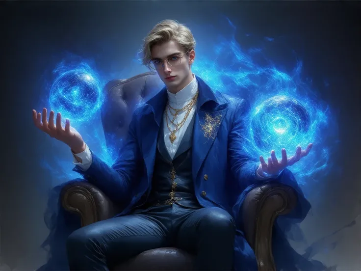 imagine a man of 1,80m, 22 years old, RPG arcane wizard, beautiful and ambitious Jewish face, Green eyes with glasses, he has a magic orb that right in its center has the symbol of " eye of Horus ".  He wears an elegant royal blue suit with intricate gold ...