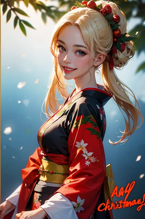 A bust shot of a smiling beautiful woman in a kimono celebrating Christmas