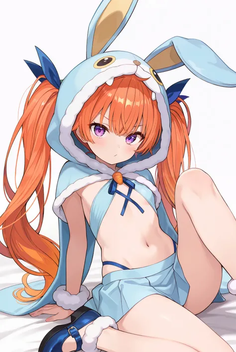  orange hair　 twin tails　 purple eyes　 Im wearing a big blue rabbit costume 　The stomach part is white 　 the lower part of the costume is visible as a cut out 　 twin tailsが着ぐるみから出てる　 The lower body of the costume is a blue miniskirt 　A large light blue rib...