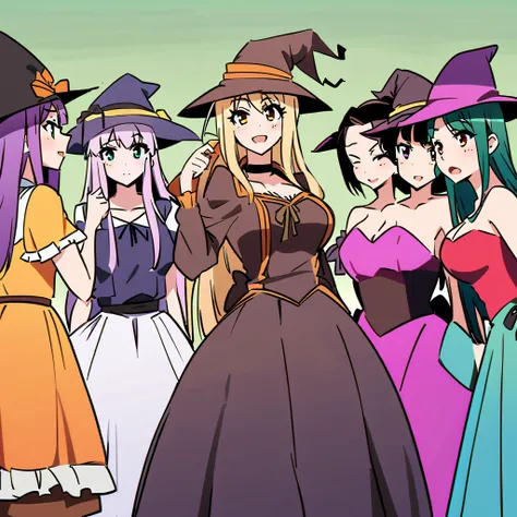 Teen witches series, witchs hat, pop-witchs clothes, girls surrounding, multiple girls, curvy body