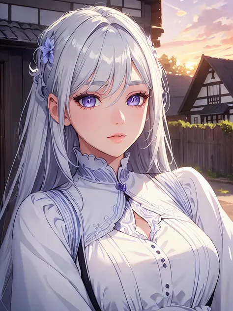 1girl, silver white hair, violet iris and light blue pupil, curvilinear body, wearing a long simple dress on a house, full body, photorealistic, detailed face, extremely detailed, high resolution, masterpiece, beautiful detailed eyes, beautiful detailed li...