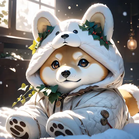  a stuffed Shiba Inu wearing a white bear headgear、 a fluffy little Shiba Inu plush toy 、 white bear face costume with hood、cute white bear 、 photorealistic with ivy entwined、8k、 High Quality 、masterpiece、 detailed fur texture 、Detailed Outfit Design 、 stu...