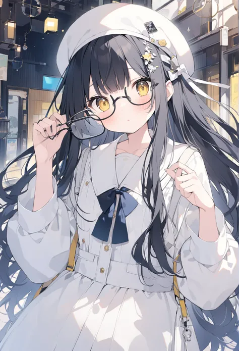  yellow eyes、 long hair、Black Hair、White Beret、 square glasses 、blush、Holding glasses