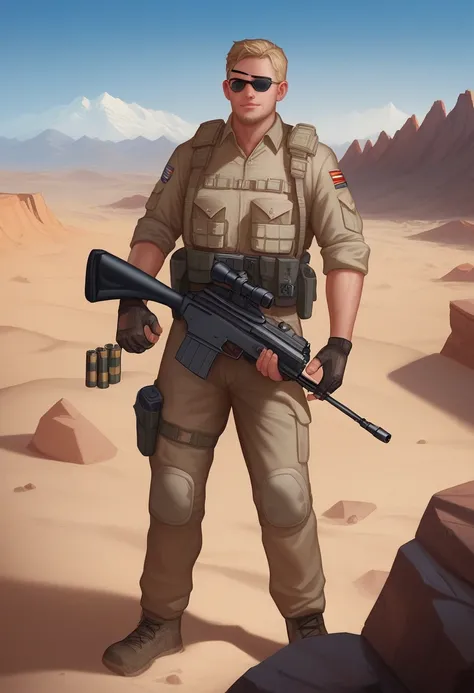 "A realistic American soldier in a Desert Storm-style desert uniform, showing a visible patch of the US flag.UU. on the arm. He wears Ray-Ban red-lensed glasses with a camera built into the lenses. He is heavily armed with tactical knives on his belt, gren...