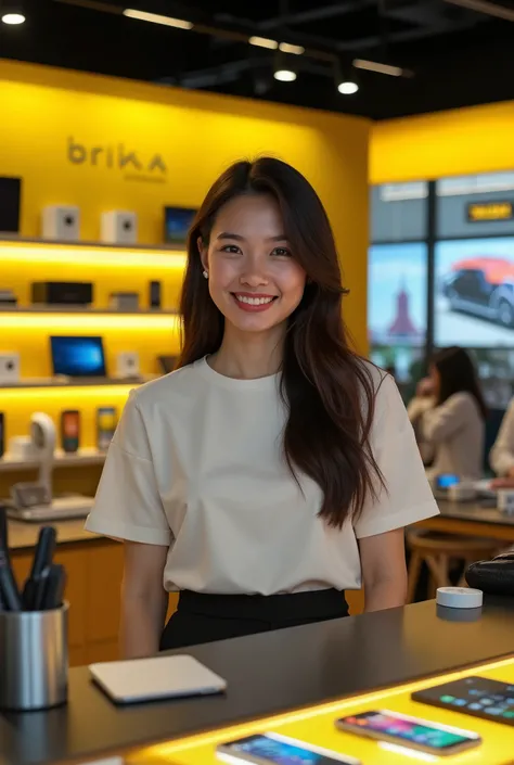 A 25-year-old Thai woman employee with a smile sells items about gadgets Brika, the store looks modern, the tone of the store is yellow and black.