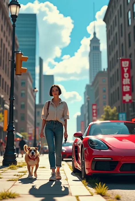 A short-haired woman wearing a shirt, jeans, walking a dog, walking on the streets of New York City, with a red Porsche next to the morning atmosphere, bright sunshine, beautiful blue clouds, virtual image style