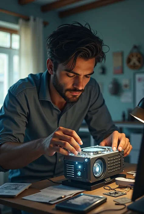 Mikael in his room in big bungalow, thinkering with a modern scifi gadget , (it has that scifi vibe) 1920x1080