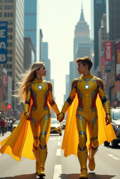 A 14-year-old boy wears a light yellow ironman costume and a 14-year-old girl wears a light yellow ironman costume,Blonde hair,walking together in the streets of the city , background of many vehicles running , high-rise building ,realistic image,HD qualit...