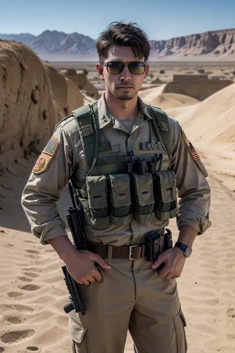 "A realistic American soldier in a Desert Storm-style desert uniform, showing a visible patch of the US flag.UU. on the arm. He wears Ray-Ban red-lensed glasses with a camera built into the lenses. He is heavily armed with tactical knives on his belt, gren...