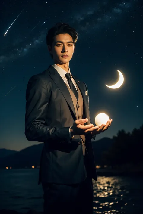 A handsome boy，Ancient Greek style，The background is a black starry sky，There are Big Dippers， holding the moon in his hand ，A handsome Scorpio man with the zodiac symbol 