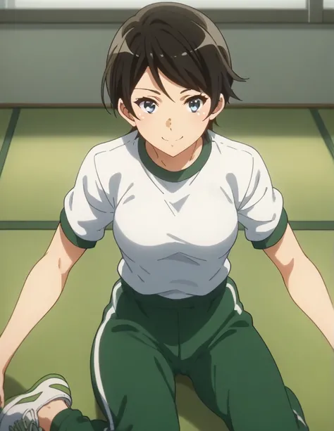 score_9, score_8_ up, score_7_ up, score_6_ up, score_5_ up,  Source_Anime, rating_safe, medium breasts, indoor, Gym,  One girl , Alone,  viewers, suzuki mirei ,  Shorthair, Eyebrow hair,  blue eyes, Gym uniform,  white shirt, Green trousers,  short shorts...