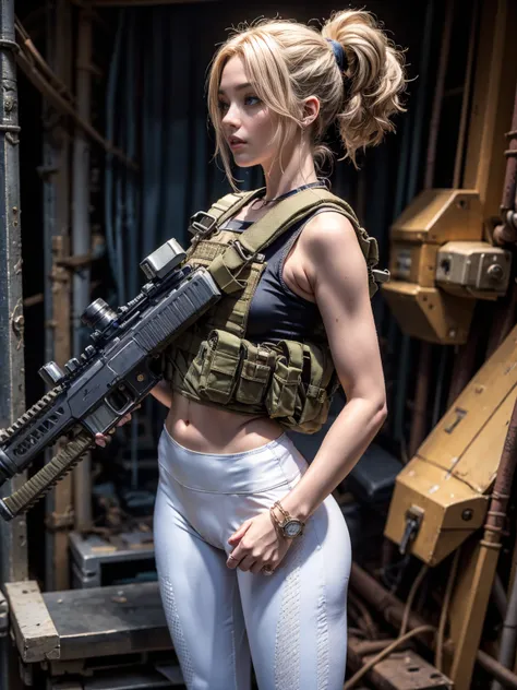 Extremely Beautiful Blonde Girl wearing a bulletproof vest over her tank top with white tactical human leggings with sneakers with long blond messy mid ponytail with blue eyes and carrying an assault rifle in her hands, pointing gun , hanging an assault ri...