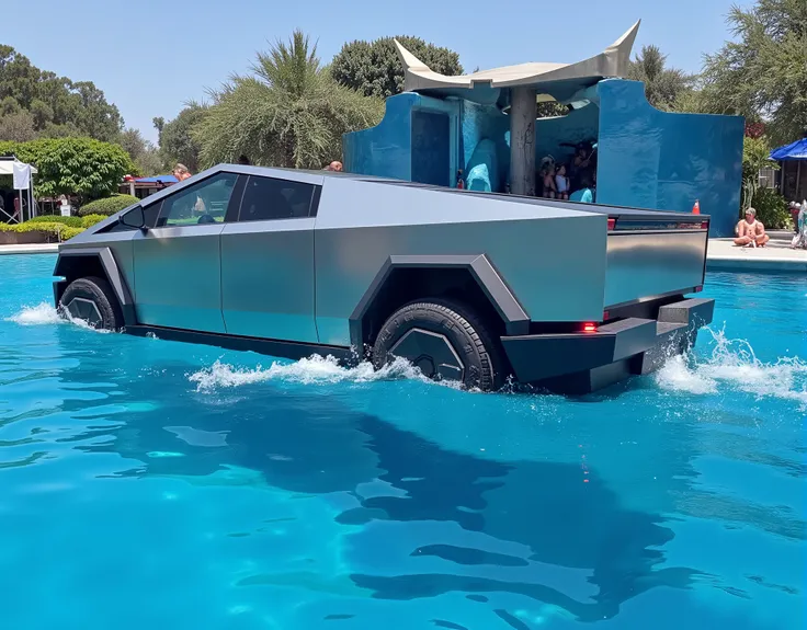 a photography of a dolphin, (dolphin:1.5) in front of a cybertruck, (cybertruck:1.5) at a aquatic park