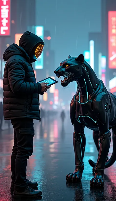 In a futuristic cityscape with neon lights reflecting off rain-slicked streets, a cyberpunk hacker wearing a glowing visor and sleek tech armor faces a sleek, black mechanical panther. The panther’s metallic body glistens, with glowing blue circuits runnin...