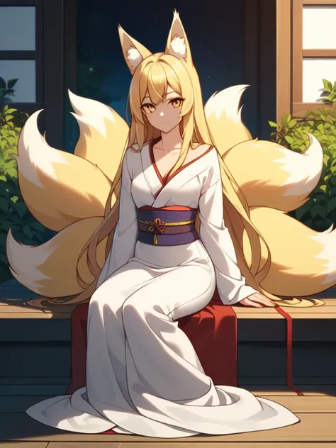 good lighting, masterpiece, good quality, beautiful, 1girl, solo, long blonde hair, yellow eyes, narrow eyes, young, nine-tailed Kitsune, kemonomimi, nine tails, fox ears, slender figure, sitting, posing, elegant, yellow kimono dress with red sash, fair-sk...