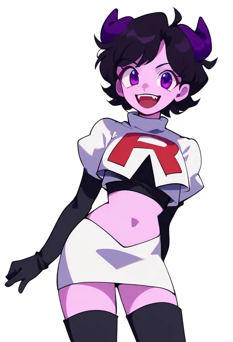 jellybean_yt, solo, looking at viewer, smile, short hair, open mouth, black hair, 1girl, white background, purple eyes, female focus, horns, teeth, colored skin, fangs, team rocket,team rocket uniform,white skirt,red letter R,crop top,black thigh-highs,bla...