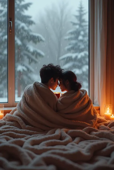 Couple watching sinchaan cuddling under blanket having hot chocolate in front of big window raining outside mattress on floor