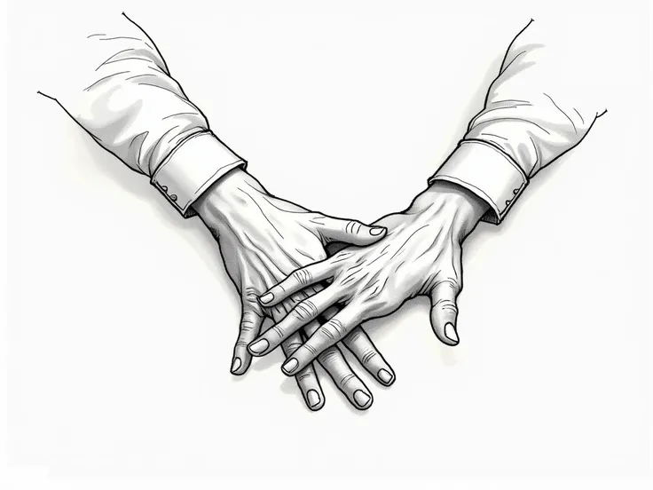 Sketch of mens hands without shadows, only contour lines.  one persons hands at the desk on the table are directed towards each other, Palms on the table, one hand closer to the body the other further .  view from above 