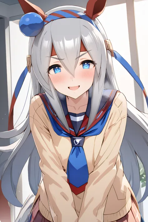 NSFW,masterpiece, top quality , High Definition , very detailed, tamamocross (Uma Musume)、Horse&#39;s ears、 ear covers、 horse tail、Gray Hair、 long hair、 hair bow、 hair between eyes、 blue eyes、 hair ornament、 headband, school uniform, miniskirt,smile,blush