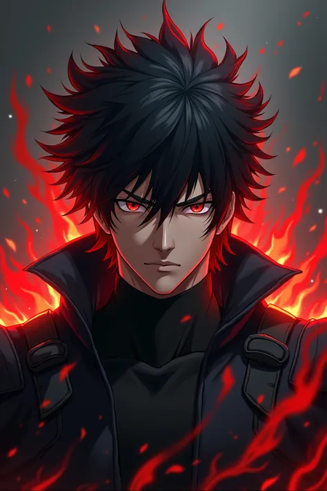 Male character masculin brave black hair with red highlights with black fire 