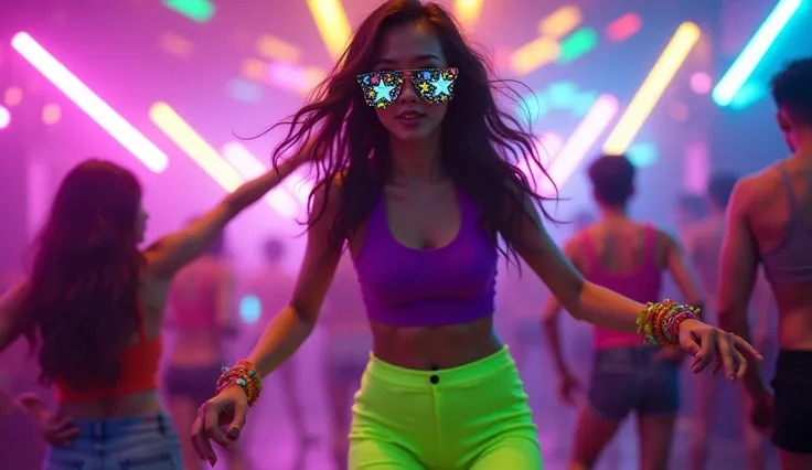  The A woman thai with a fluorescent look : lime green leggings ,  bright purple top and plastic bracelets .  She is dancing at a  with strobe lights in the background.model is wearing glass sunglasses with stars and the moon on the glass